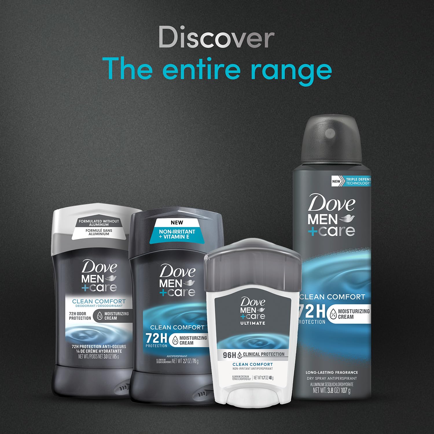 Dove Men+Care 96H bottle side view communicates sturdy, long-lasting protection.