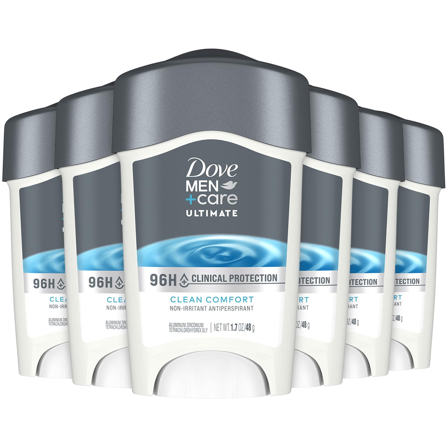 Dove Men+Care 96H protection pack shot highlights the six-pack with lasting freshness.