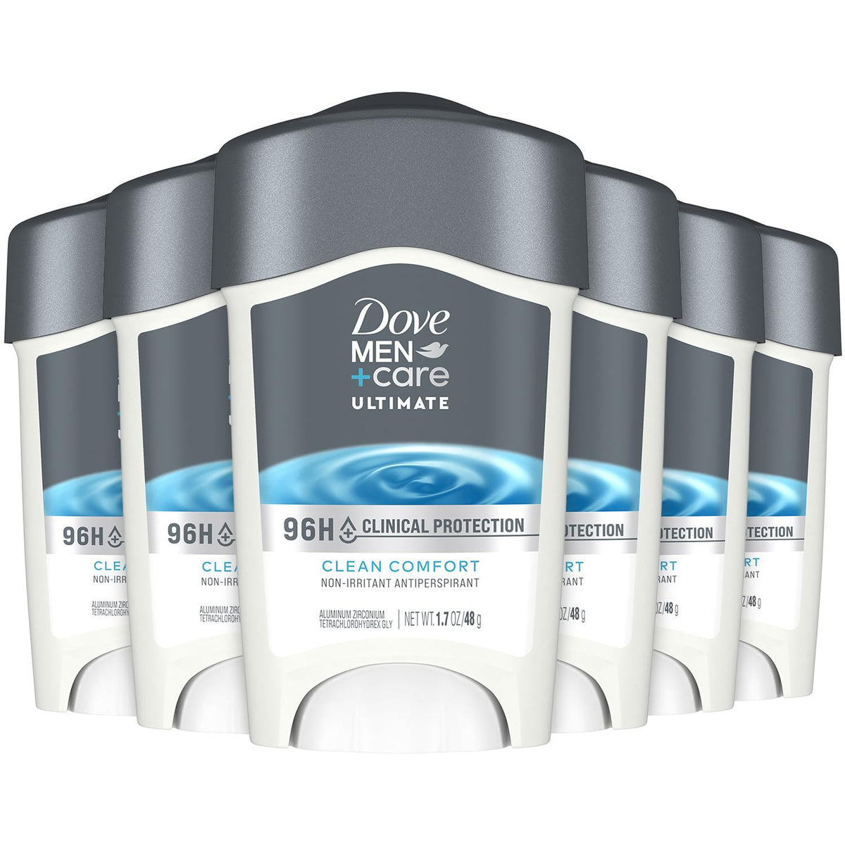 Dove Men+Care 96H protection pack shot highlights the six-pack with lasting freshness.