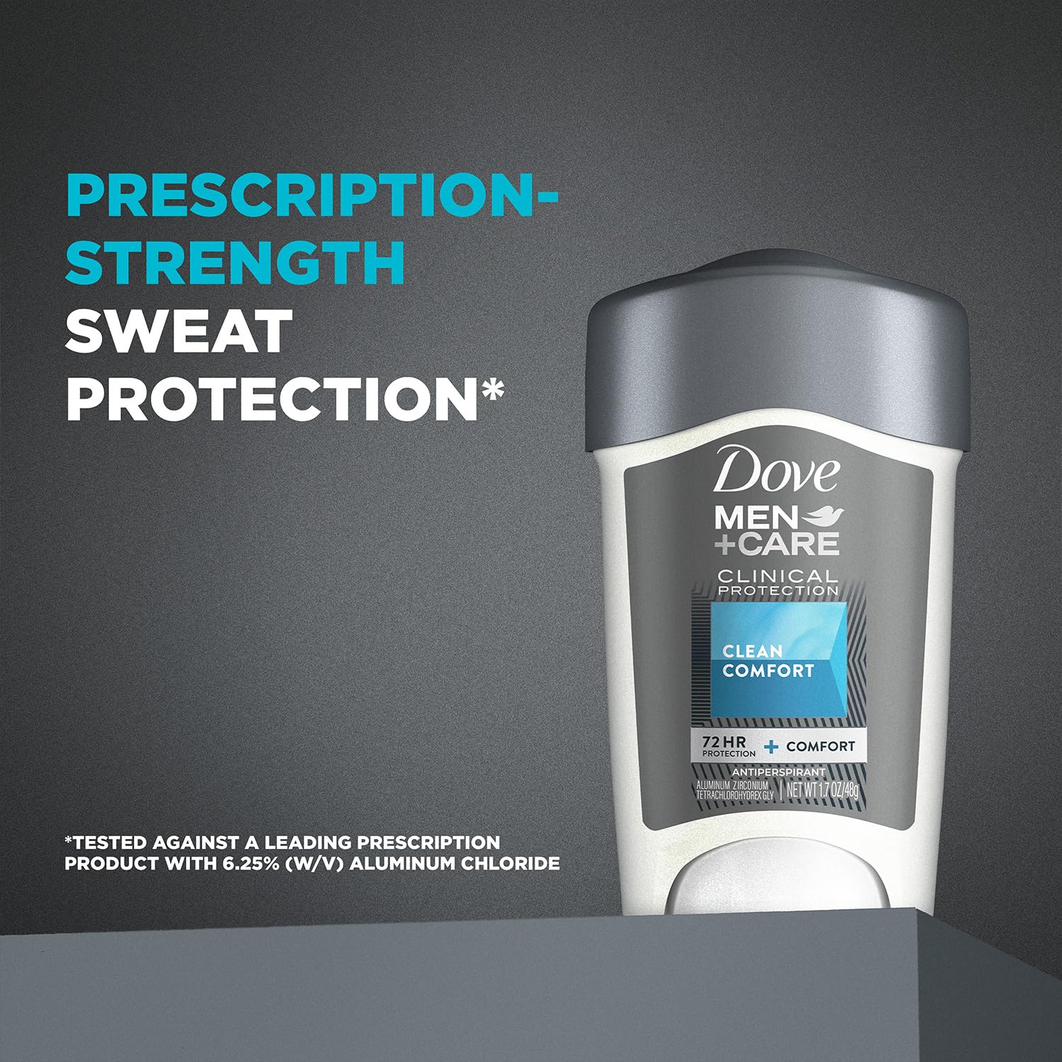 Dove Men+Care 96H protection scent visuals highlight fresh, balanced aroma.