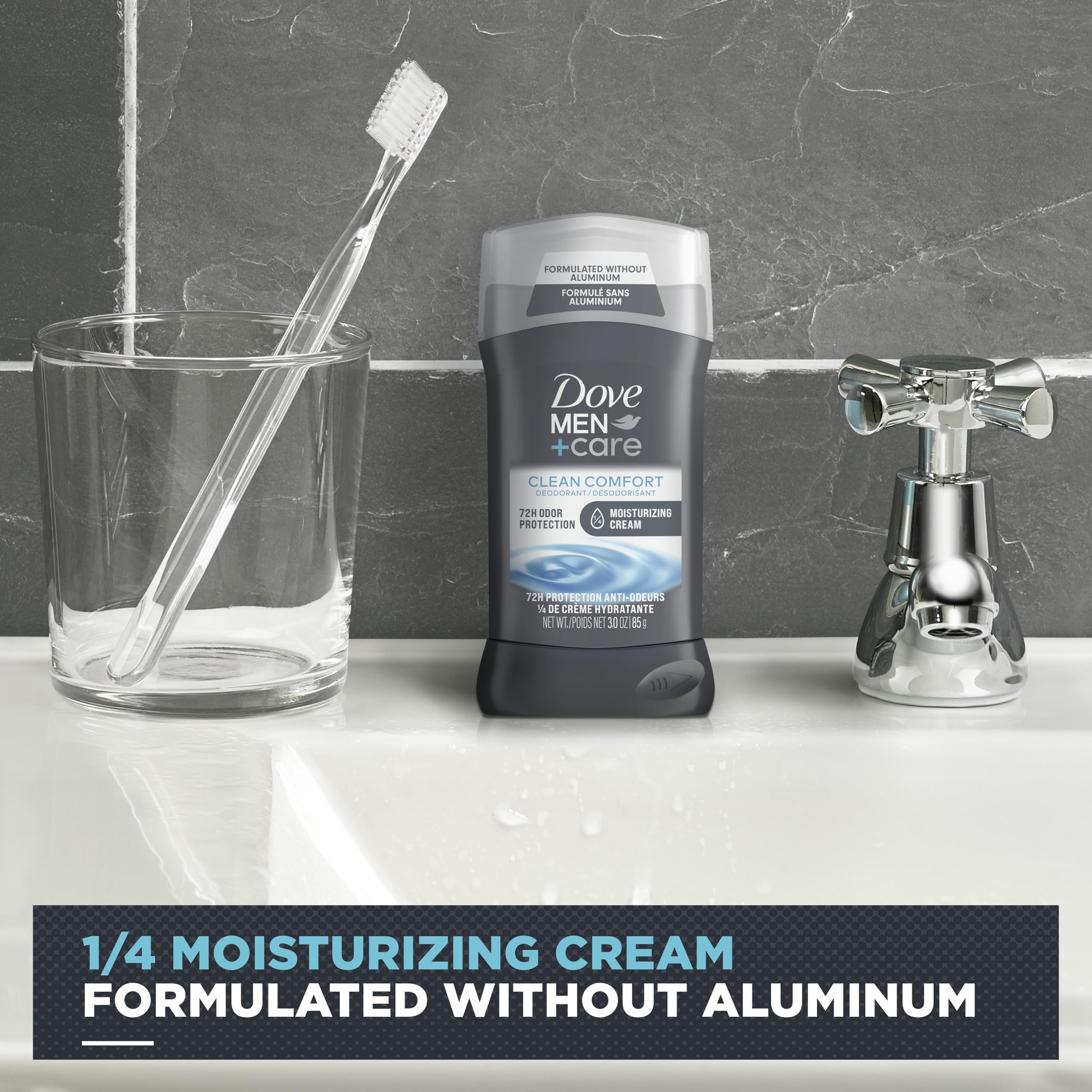 Dove Men+Care deodorant label detail highlighting moisturizing cream and protection.