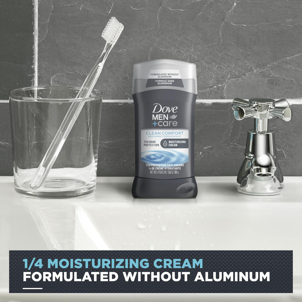 Dove Men+Care deodorant label detail highlighting moisturizing cream and protection.