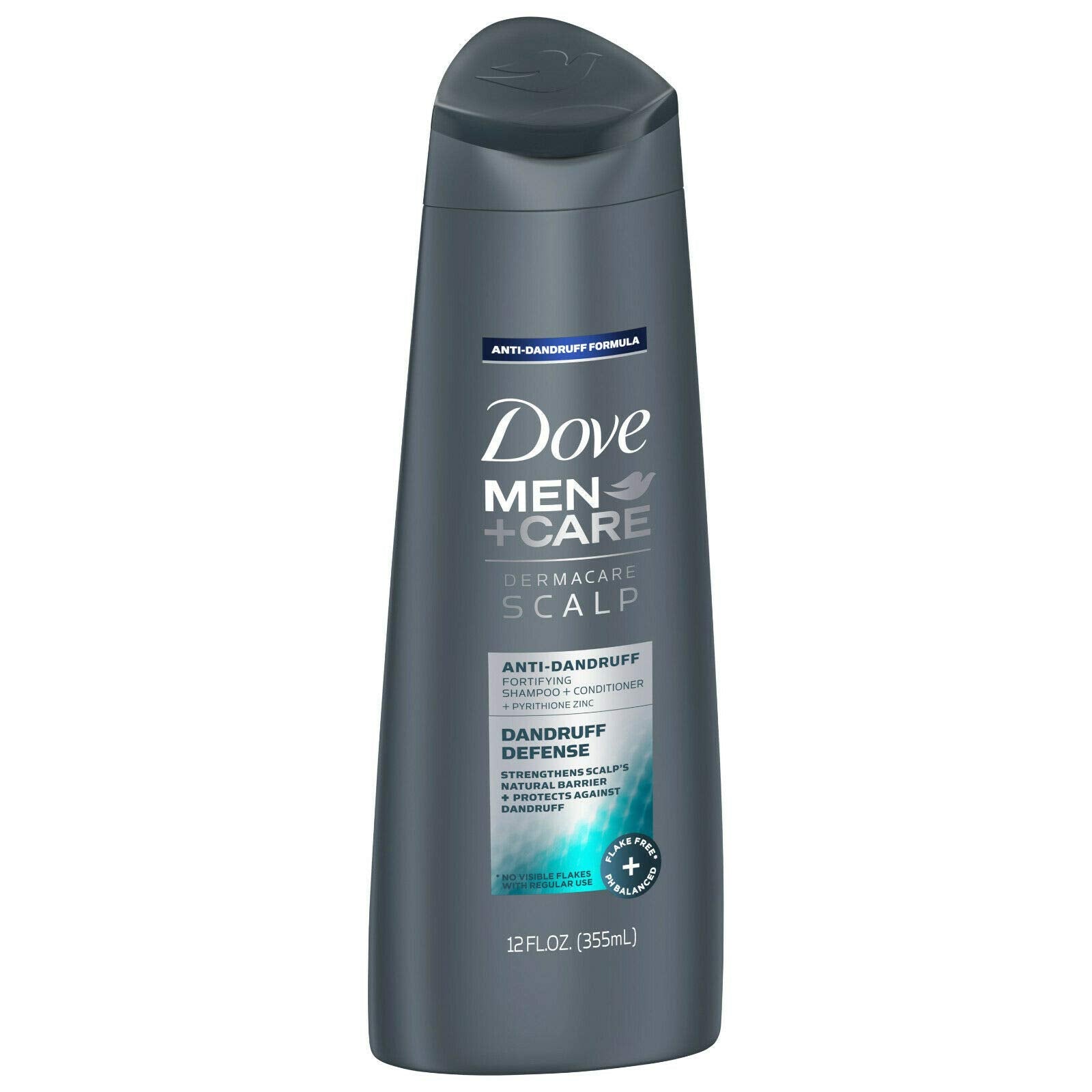 Dove Men+Care Dermacare bottle shows 2-in-1 shampoo and conditioner for scalp care.