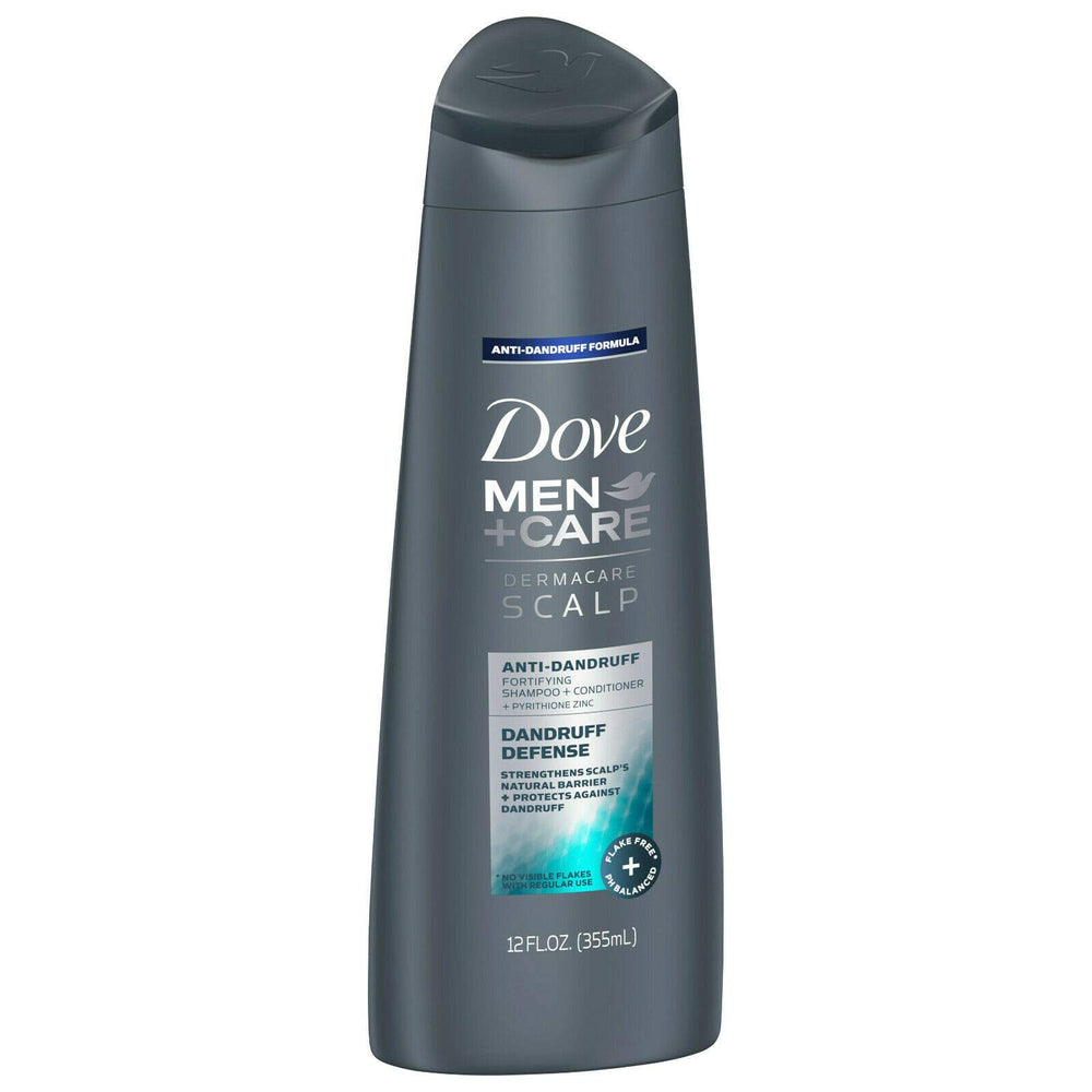 Dove Men+Care Dermacare bottle shows 2-in-1 shampoo and conditioner for scalp care.