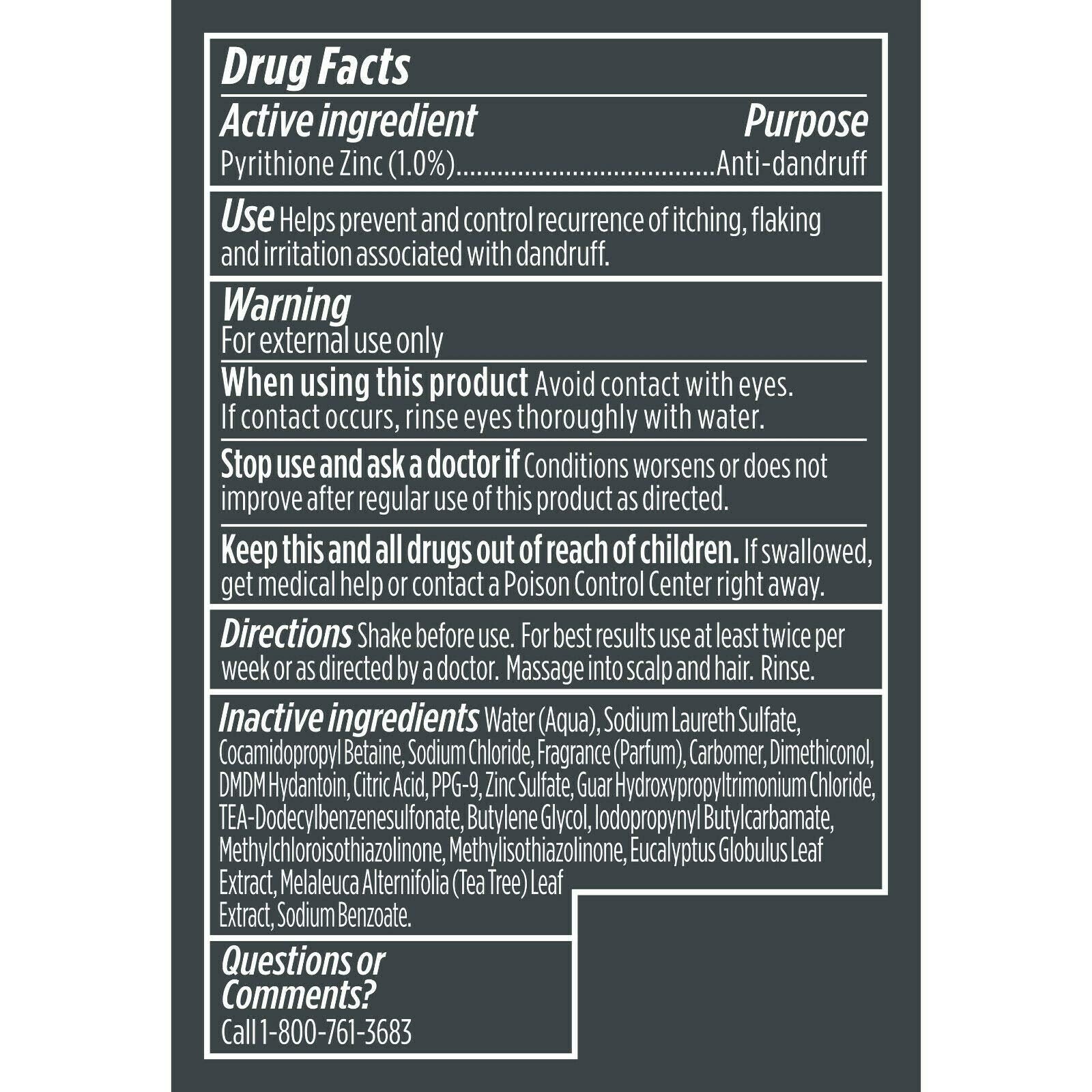 Close-up of Dermacare label highlights zinc pyrithione and soothing extracts.