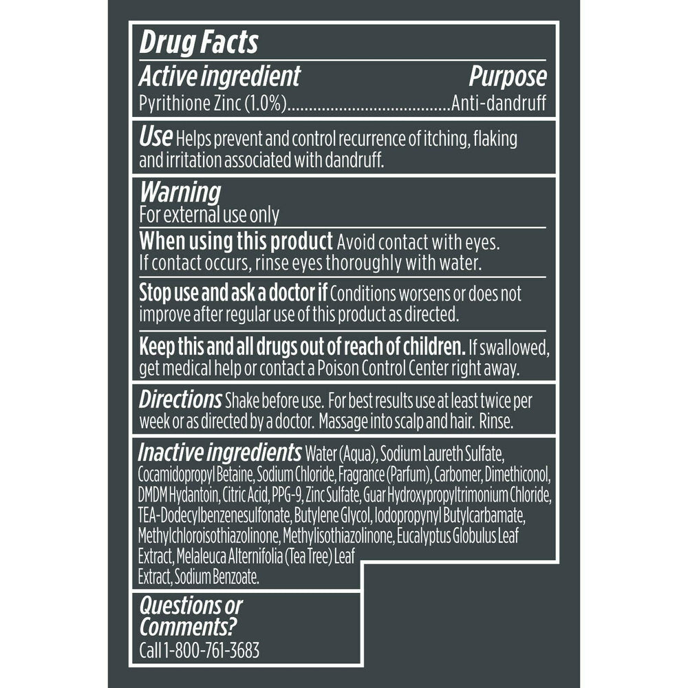 Close-up of Dermacare label highlights zinc pyrithione and soothing extracts.