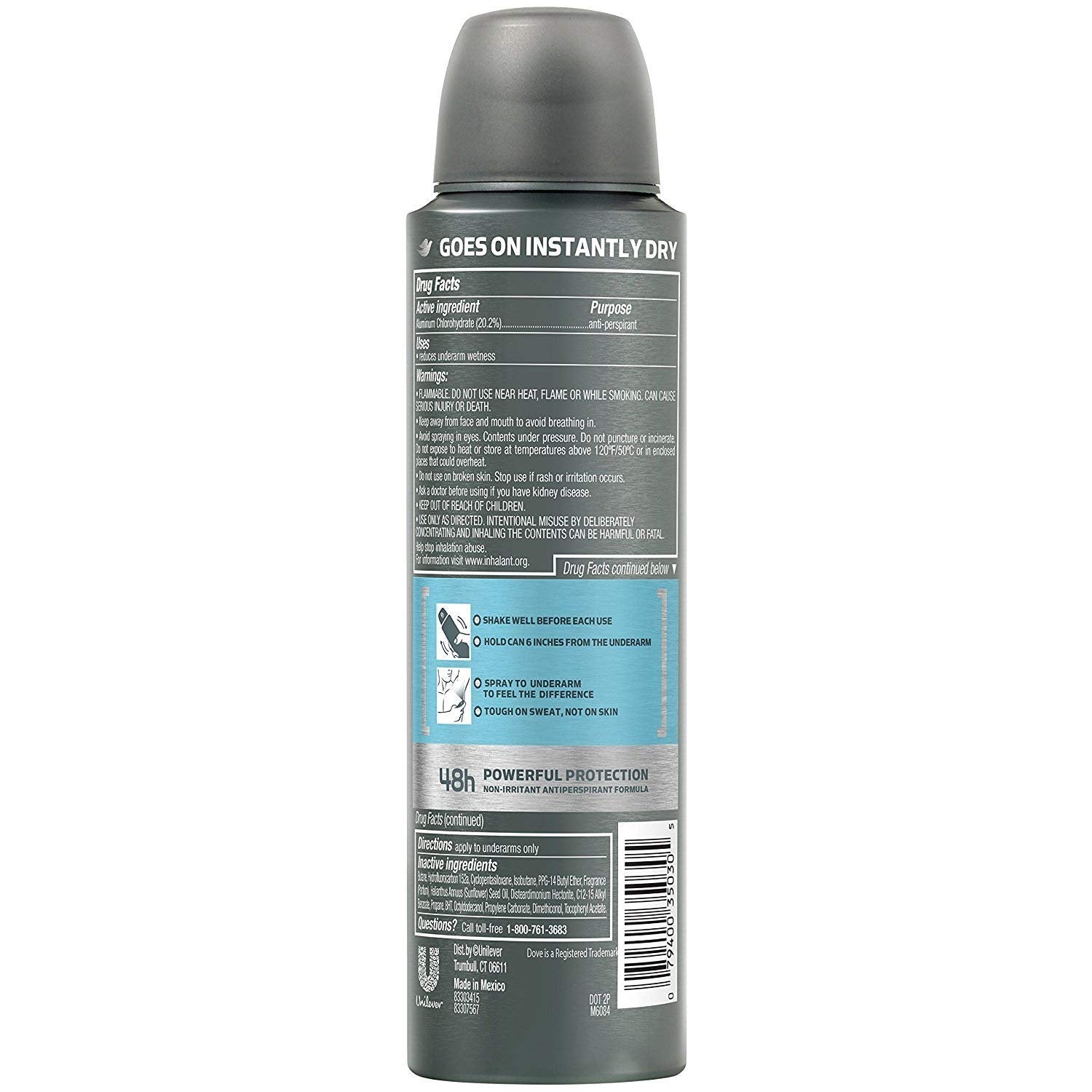 Dove Men+Care Dry Spray close-up illustrating quick-dry application on skin
