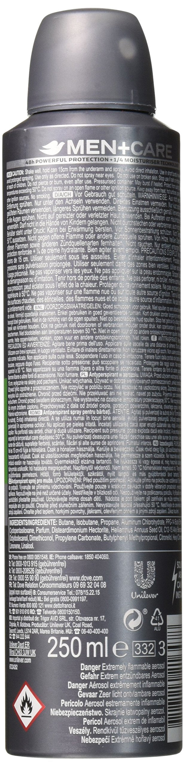 Dove Men + Care Dry Spray Extra Fresh application shot demonstrates quick, mess-free use.