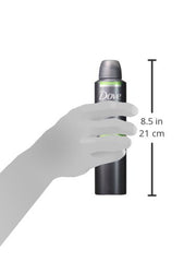 Dove Men + Care Dry Spray Extra Fresh close-up can shows skin-friendly formula details.