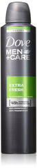 Dove Men + Care Dry Spray Extra Fresh six-pack pack shot highlights all-day freshness.