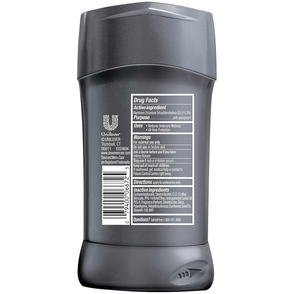 Dove Men+Care Extra Fresh 3-pack side view showing compact 2.7 oz sticks.