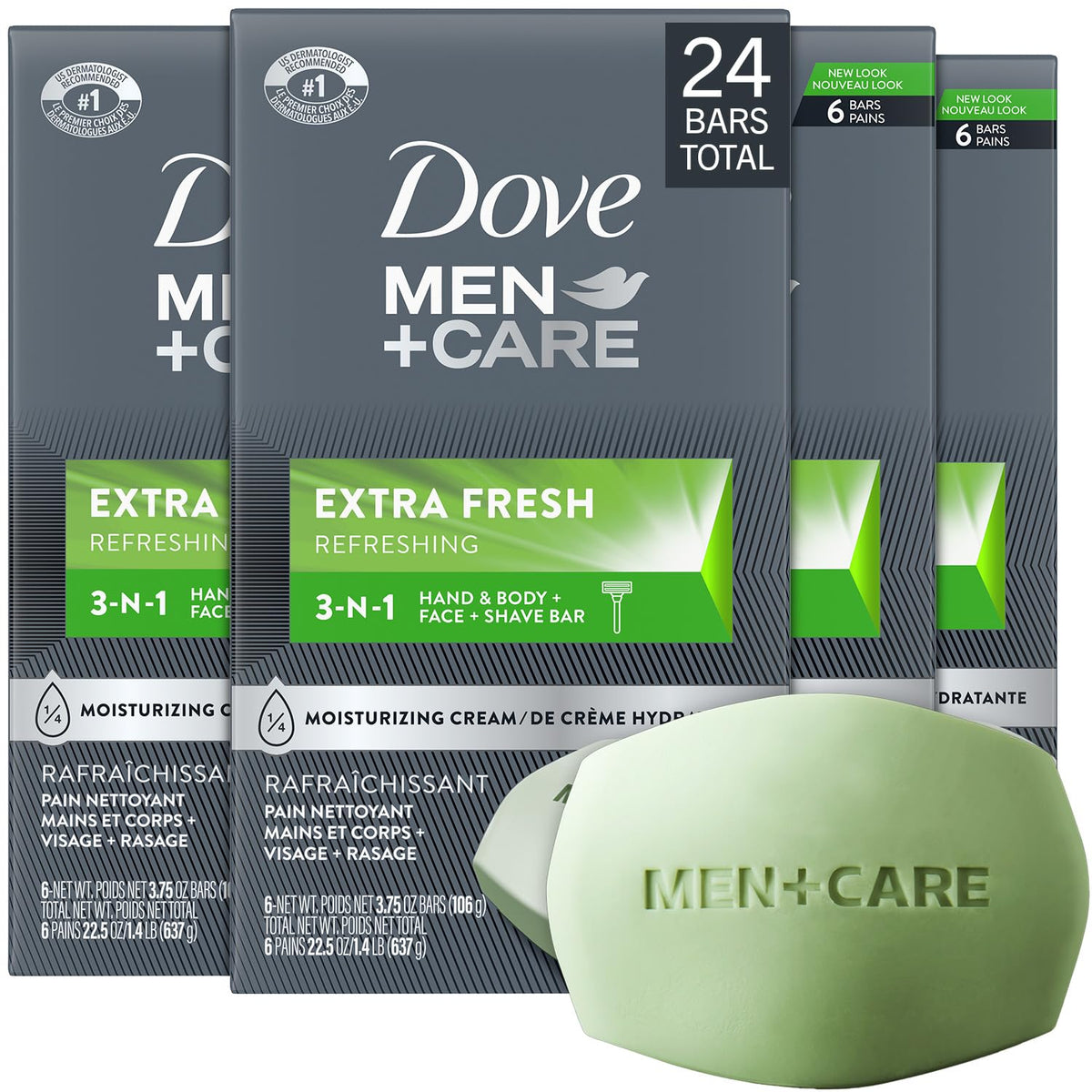 Dove Men+Care Extra Fresh bar in a four-pack for daily cleansing.