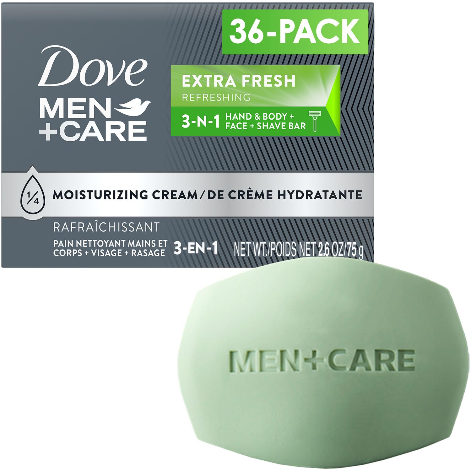 Dove Men+Care Extra Fresh Bar pack shot highlights a 36-pack for convenient daily cleansing