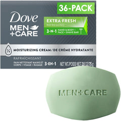 Dove Men+Care Extra Fresh Bar pack shot highlights a 36-pack for convenient daily cleansing