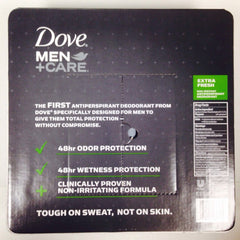 Dove Men+Care Extra Fresh 5-pack bottle close-up highlighting refreshing scent and protection