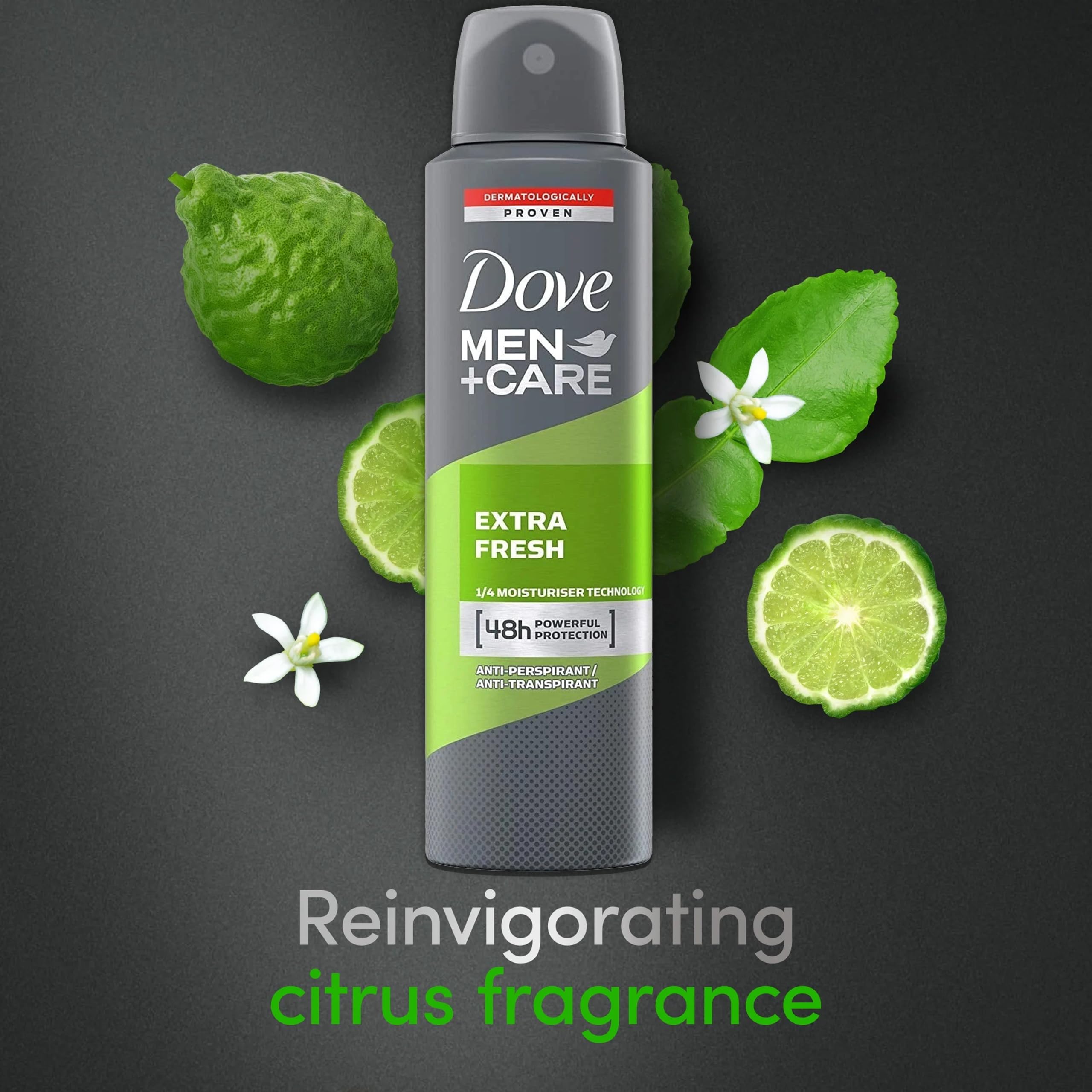 Dove Men+Care Extra Fresh no-residue spray for clean application.