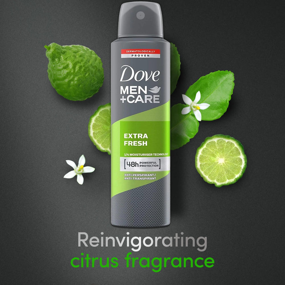 Dove Men+Care Extra Fresh no-residue spray for clean application.