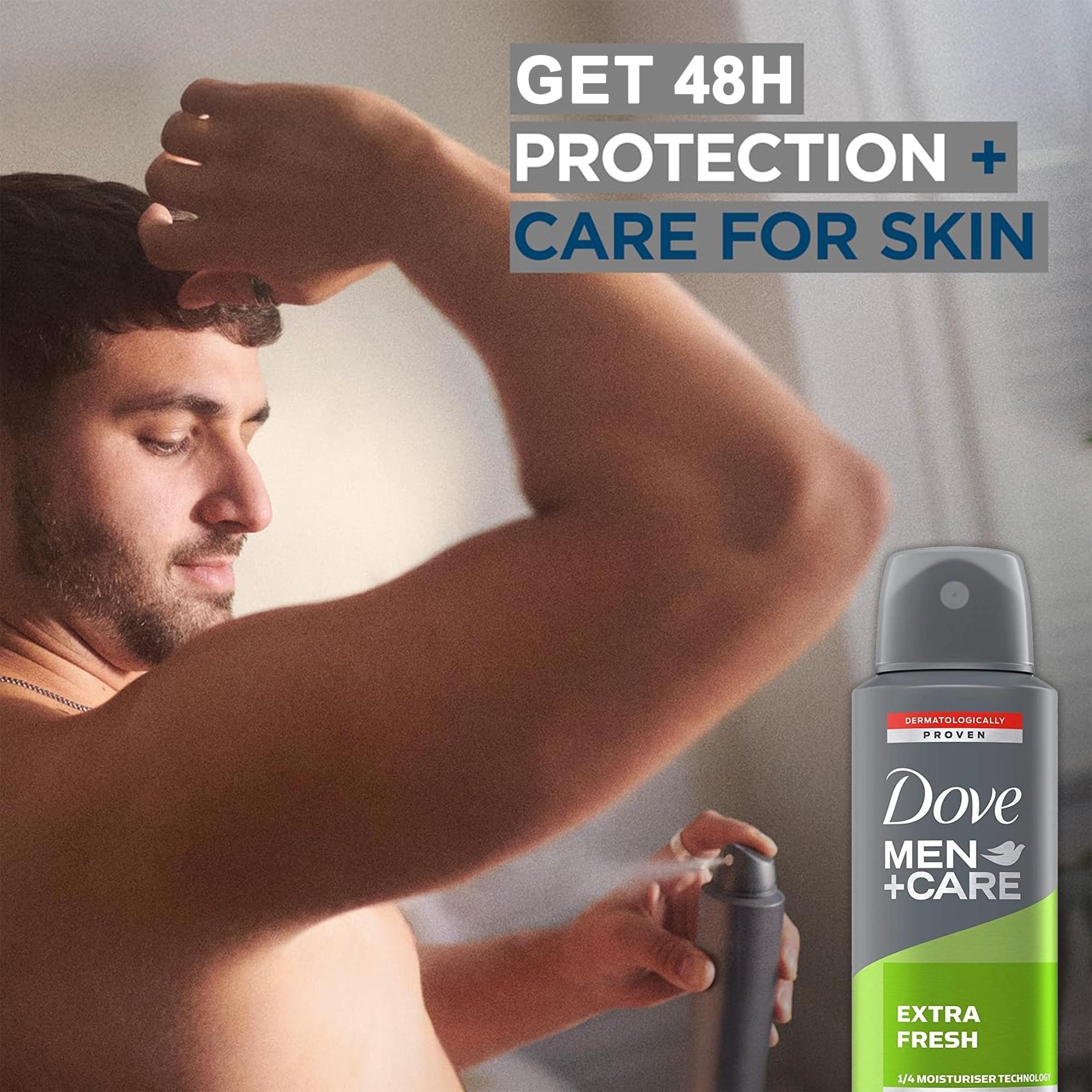 Dove Men+Care Extra Fresh moisturizer technology protects skin during wear.