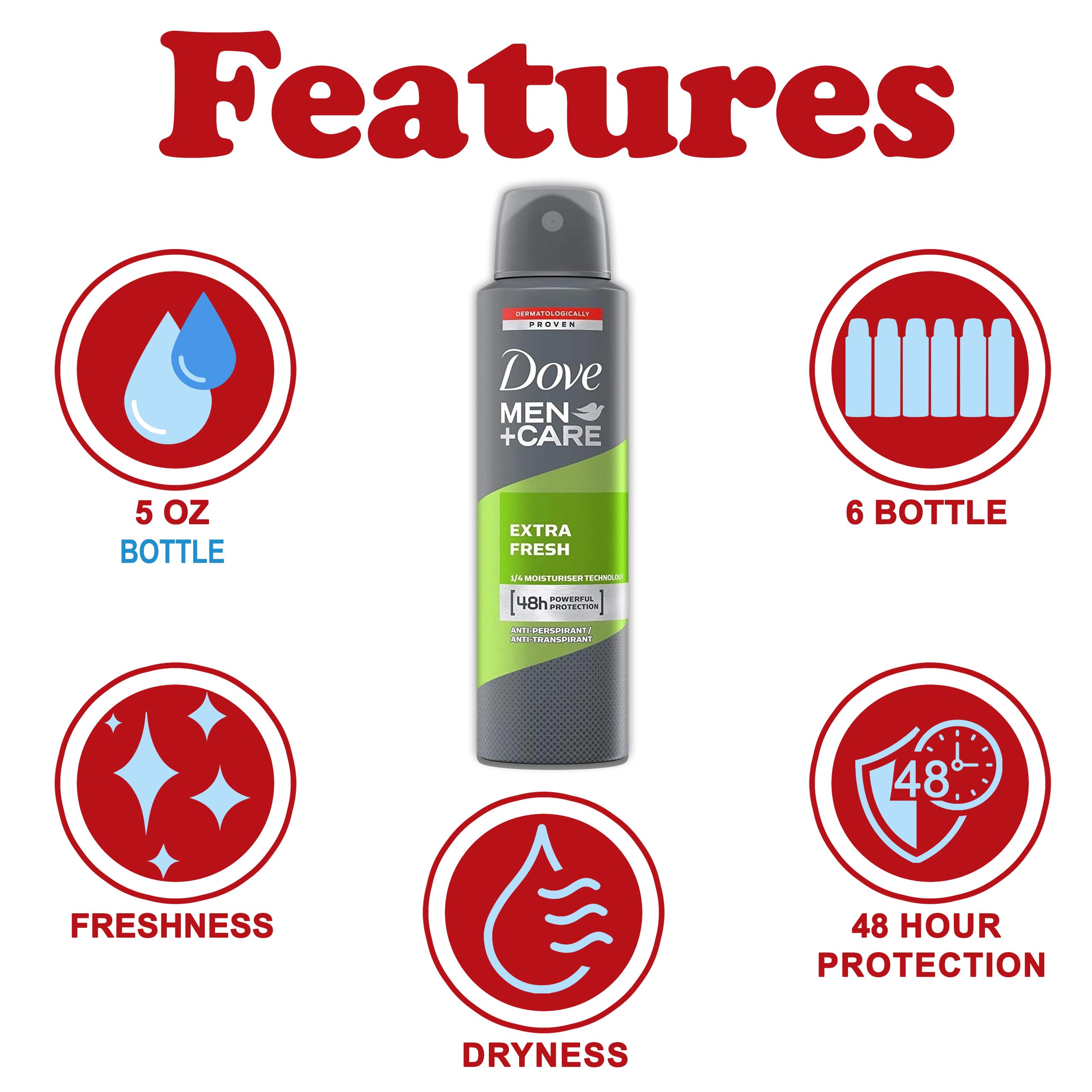 Dove Men+Care Extra Fresh crisp-scent spray offers all-day freshness.