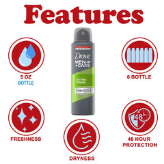 Dove Men+Care Extra Fresh crisp-scent spray offers all-day freshness.