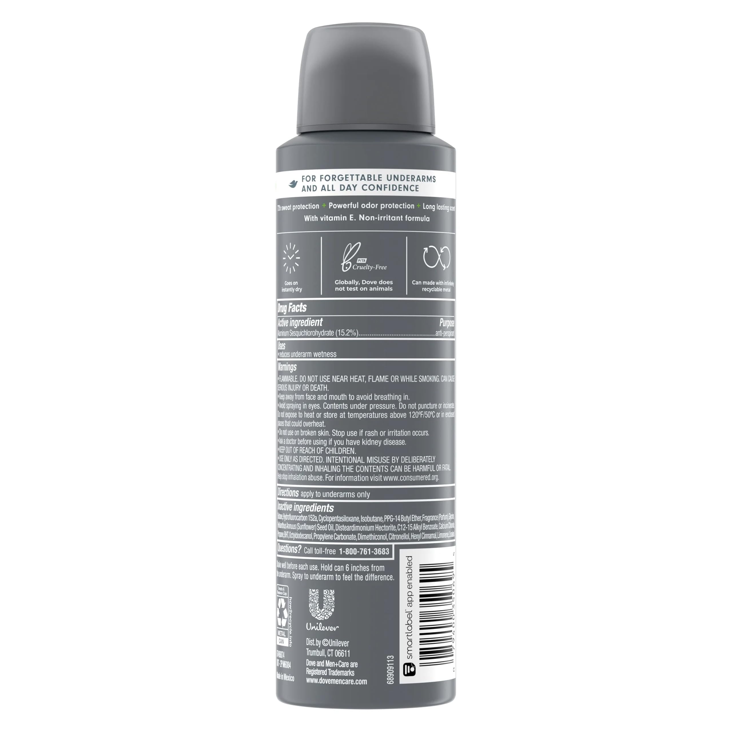 Dove Men+Care Extra Fresh spray shows quick-dry application on skin.