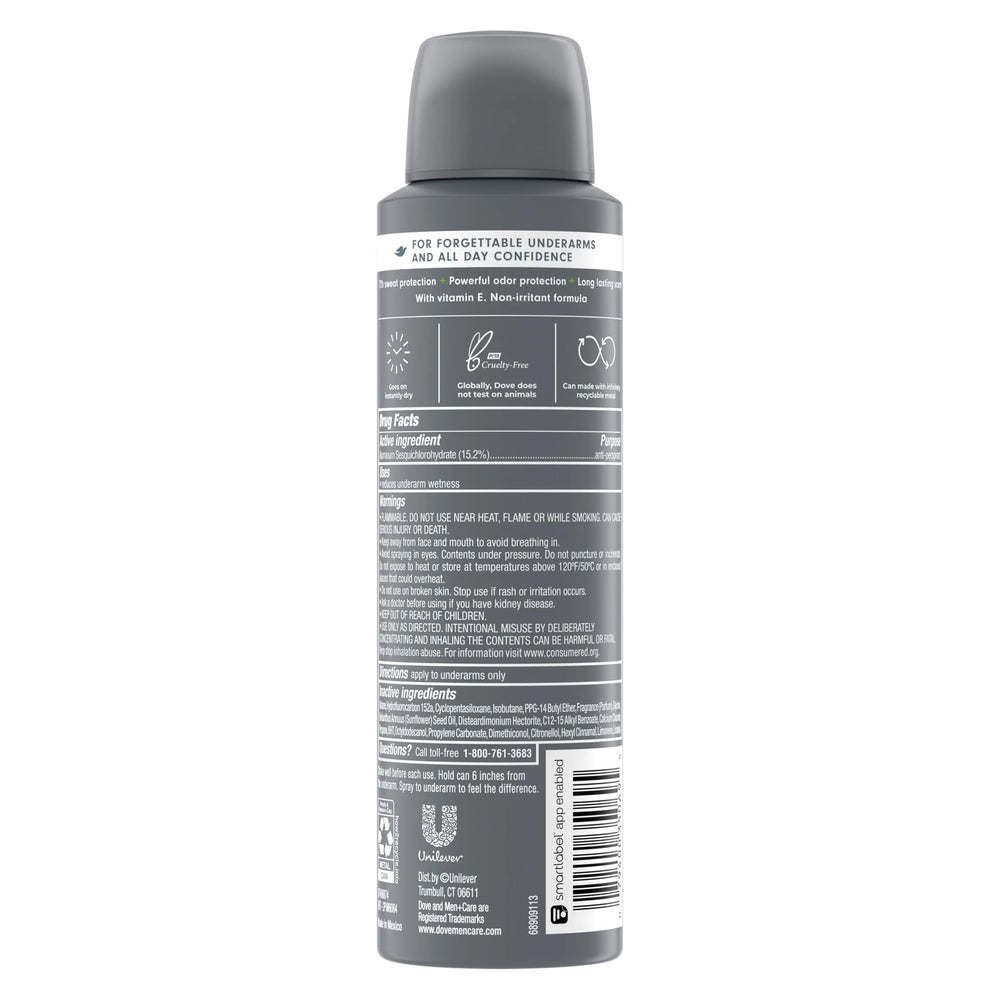 Dove Men+Care Extra Fresh spray shows quick-dry application on skin.