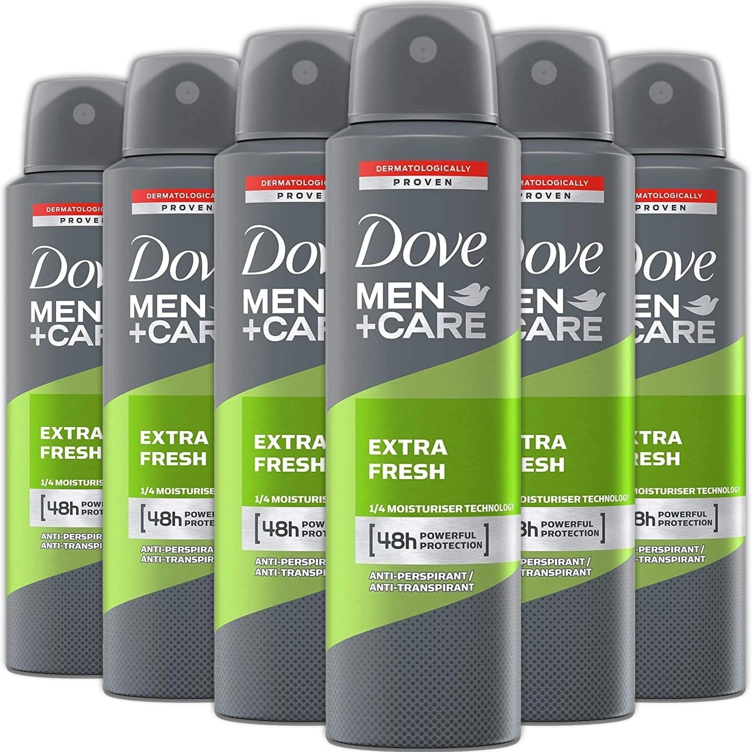Dove Men+Care Extra Fresh six-pack spray cans for daily odor protection.