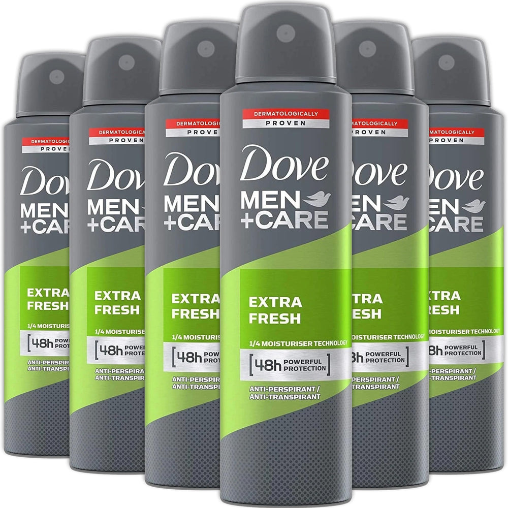 Dove Men+Care Extra Fresh six-pack spray cans for daily odor protection.