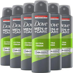 Dove Men+Care Extra Fresh six-pack spray cans for daily odor protection.