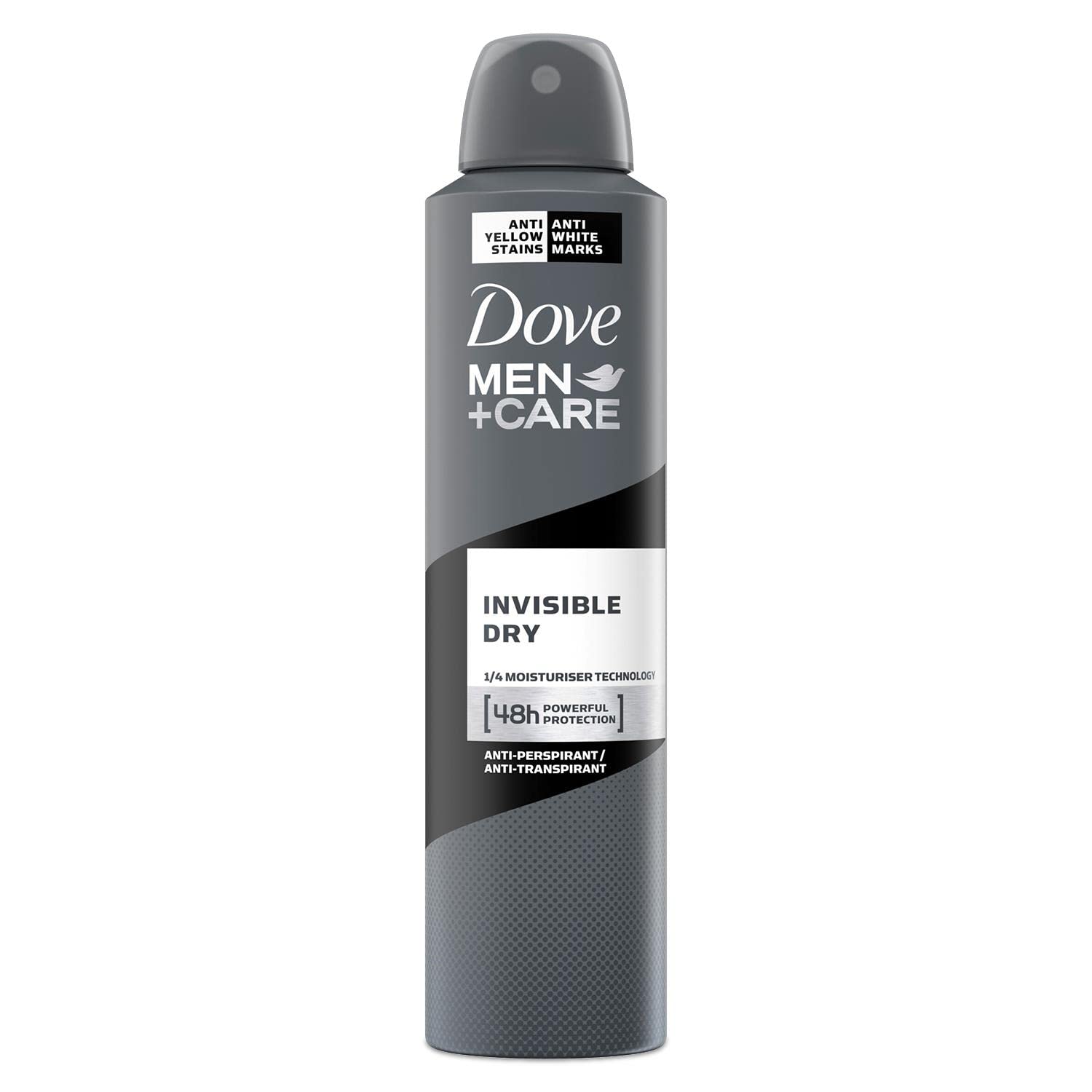 Dove Men+Care invisible dry aerosol bottle with long lasting protection.