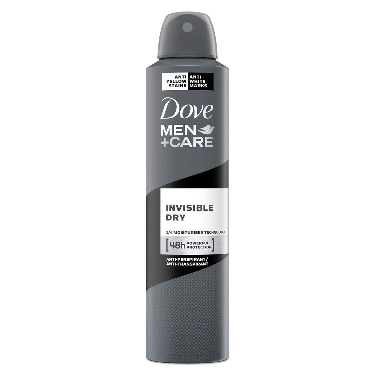 Dove Men+Care invisible dry aerosol bottle with long lasting protection.