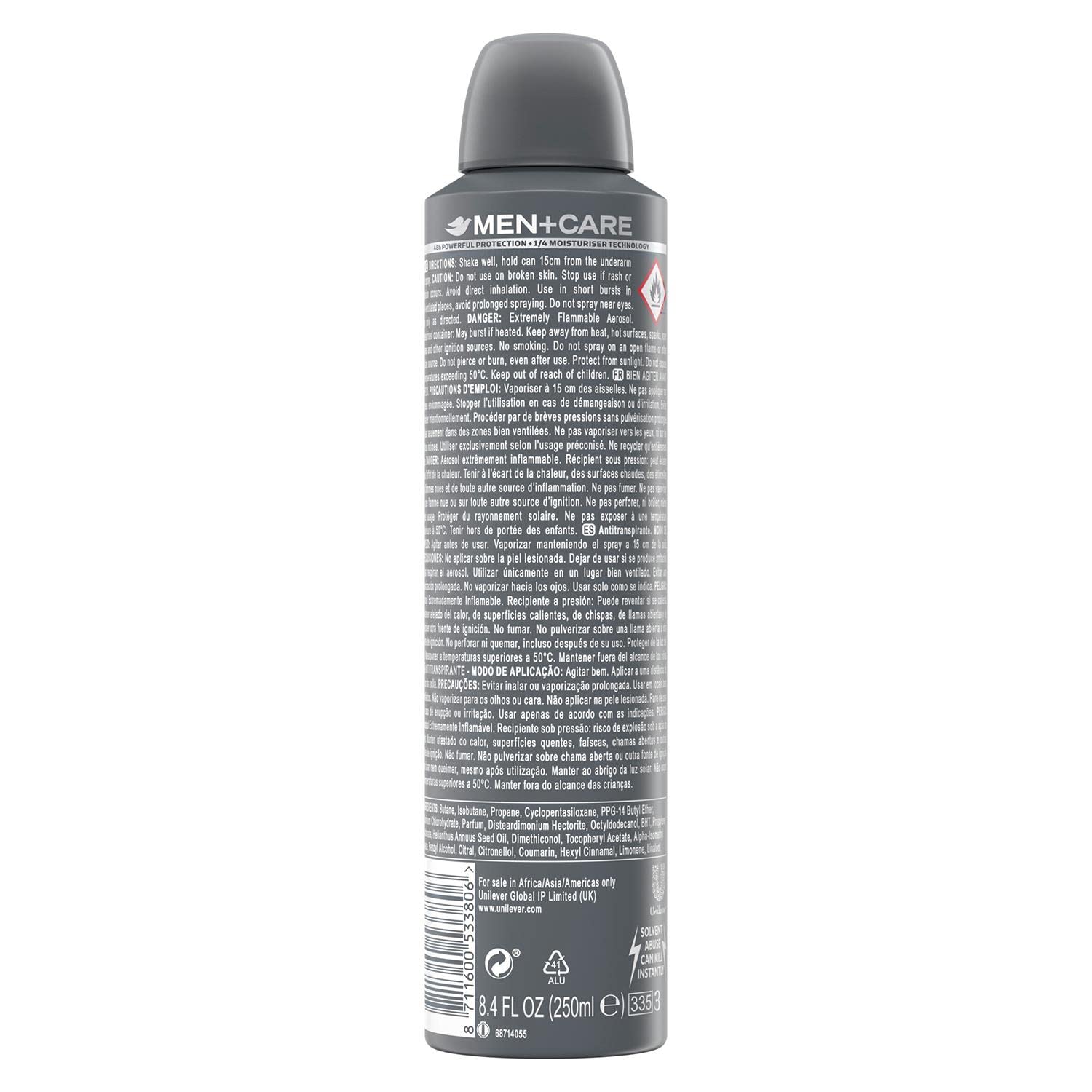 Dove Men+Care invisible dry spray nozzle for quick application.