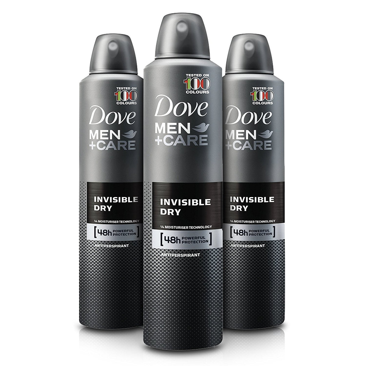 Dove Men Care Invisible Dry Spray bottle with clear, residue-free protection.