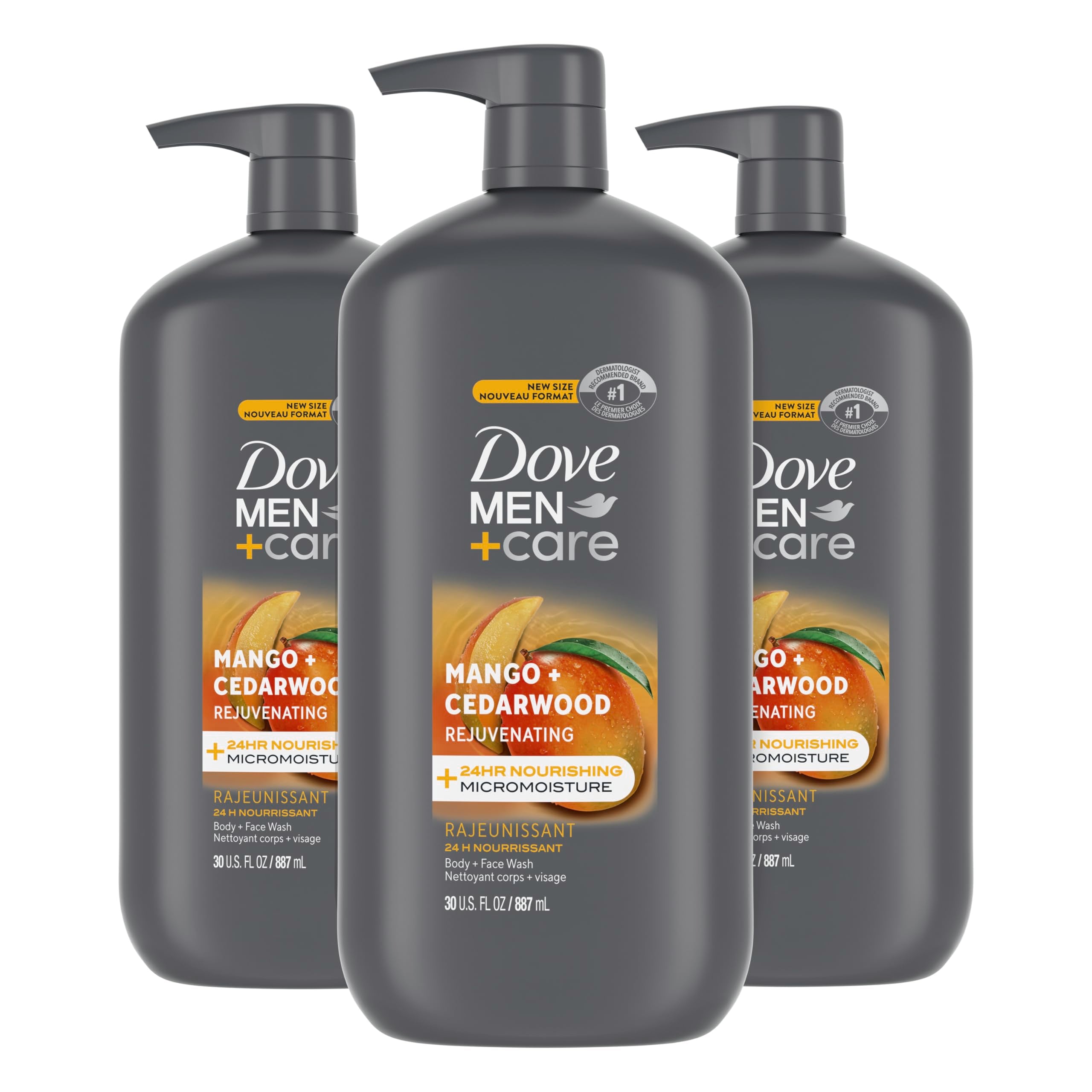 Dove Men+Care Mango Cedarwood bottle pour for quick daily cleansing.