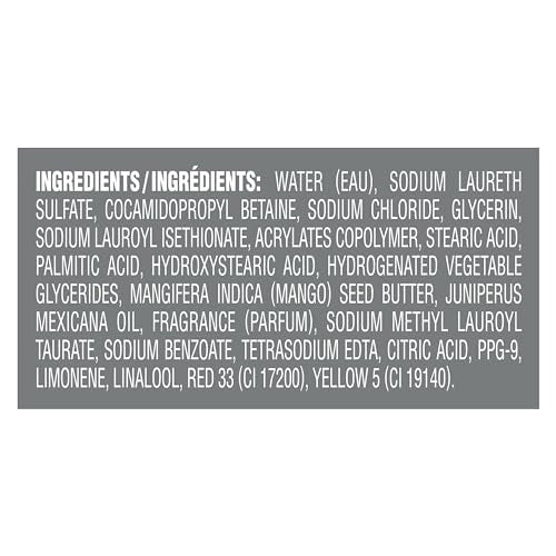 Dove Men+Care Mango Cedarwood label details emphasize paraben-free formula.
