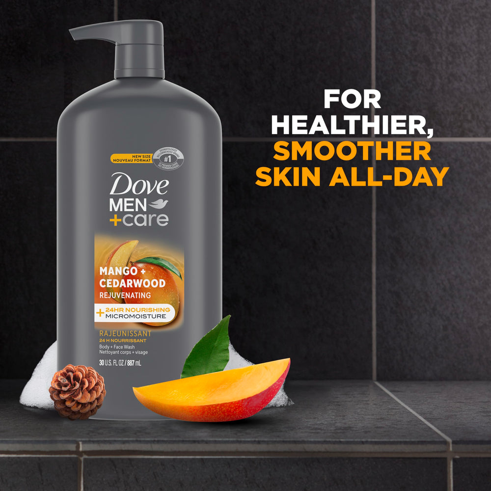 Dove Men+Care Mango Cedarwood scent close-up highlighting warm, masculine aroma.