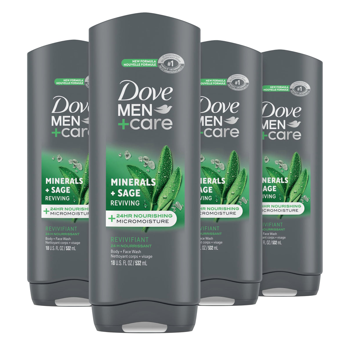 Dove Men+Care Mineral Sage bottle four-pack for daily hydration