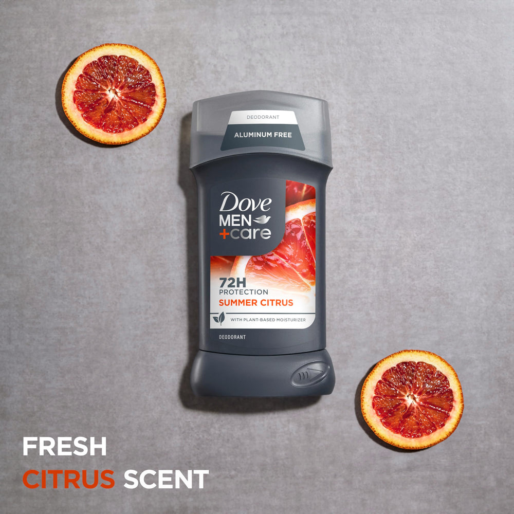 Dove Men+Care aluminum-free formula with one-quarter moisturizing cream for skin comfort.