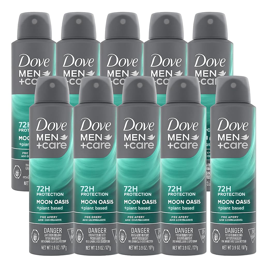 Dove Men+Care Moon Oasis dry spray bottle exterior with recyclable packaging.