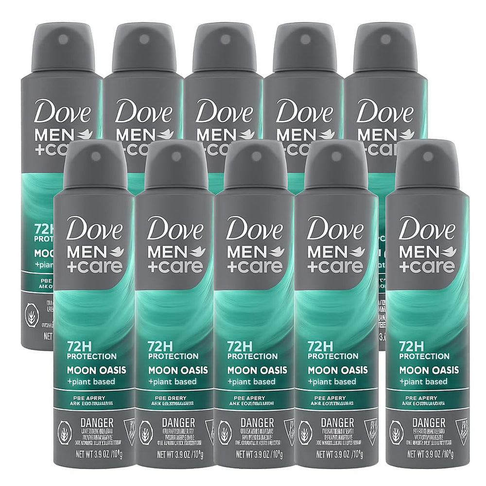 Dove Men+Care Moon Oasis dry spray bottle exterior with recyclable packaging.