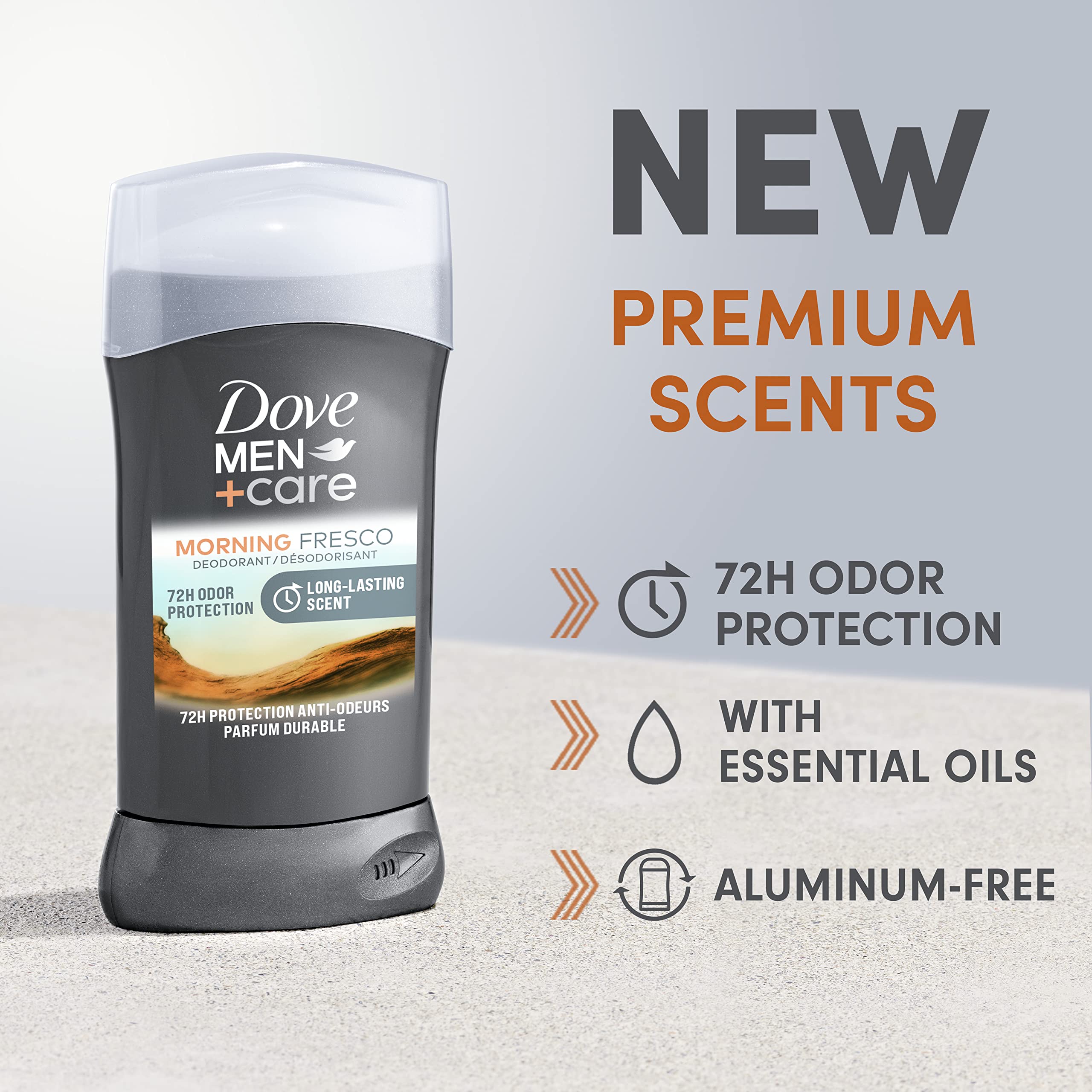 Dove Men+Care Morning Fresco close-up highlights fragrance with essential oils.