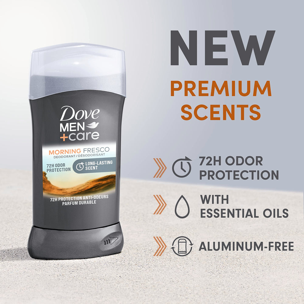 Dove Men+Care Morning Fresco close-up highlights fragrance with essential oils.