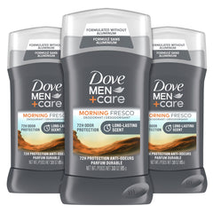 Dove Men+Care Morning Fresco packaging shows aluminum-free formula with long-lasting protection.