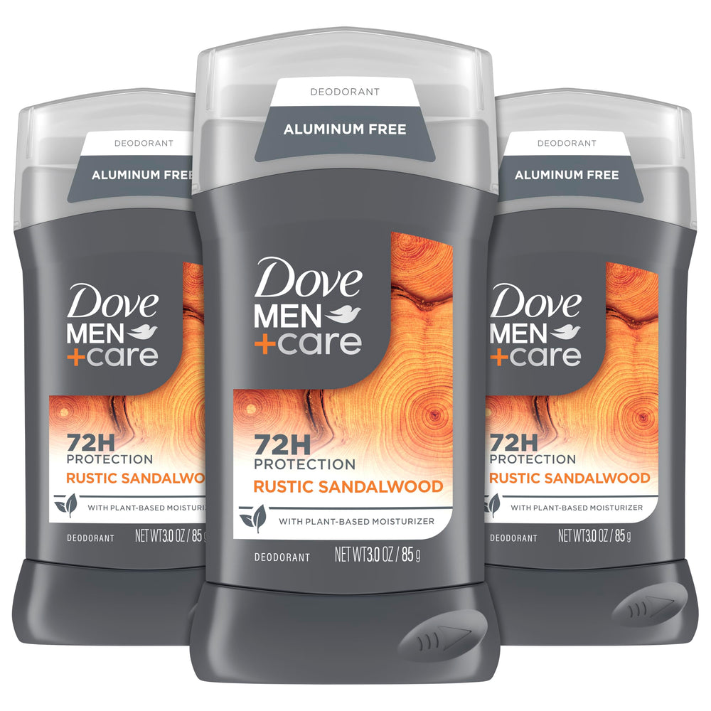 DOVE Men+Care Rustic Sandalwood deodorant pack for all-day protection.