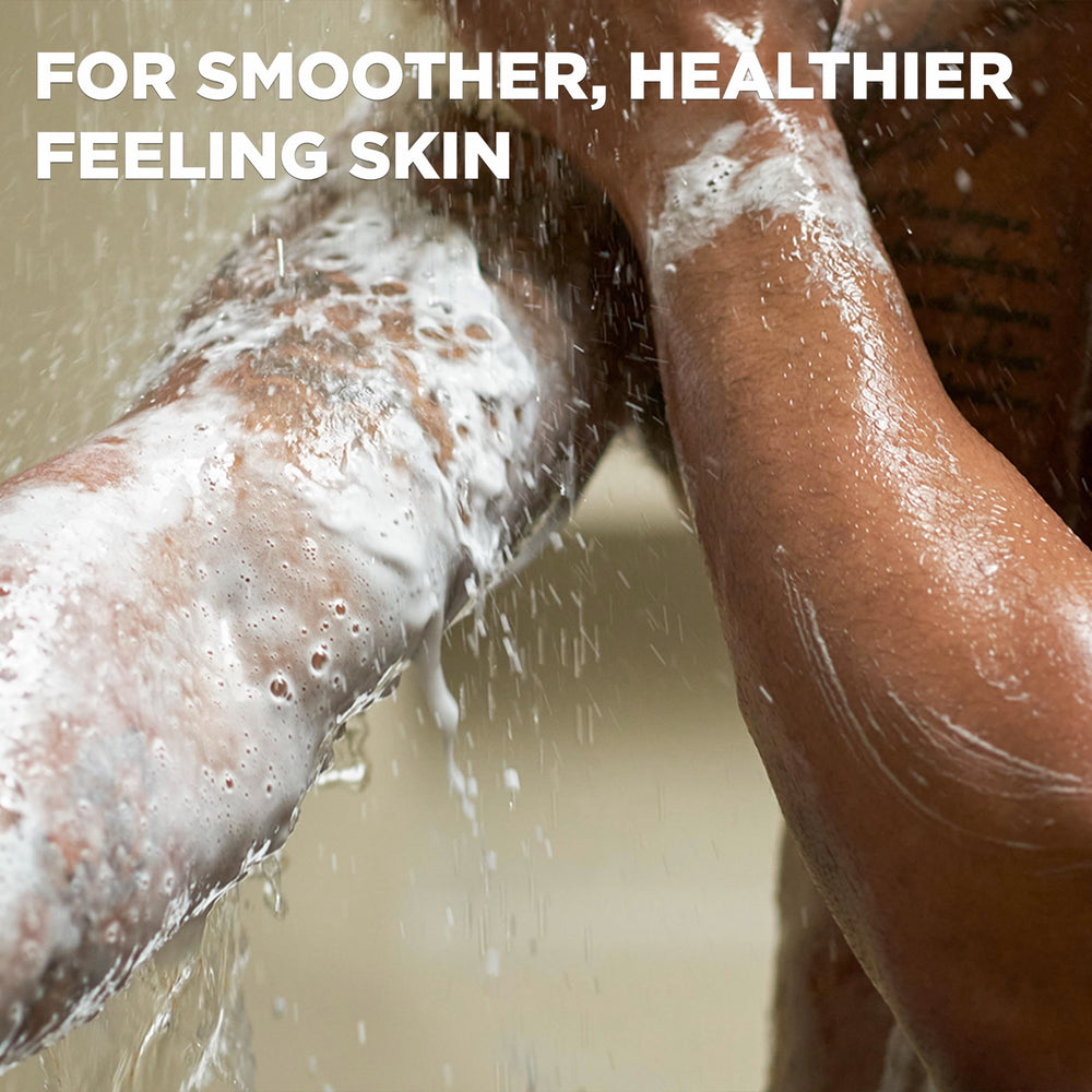 Dove Men+Care sandalwood-cardamom cleansing bar in shower demonstrates daily hydration for skin.