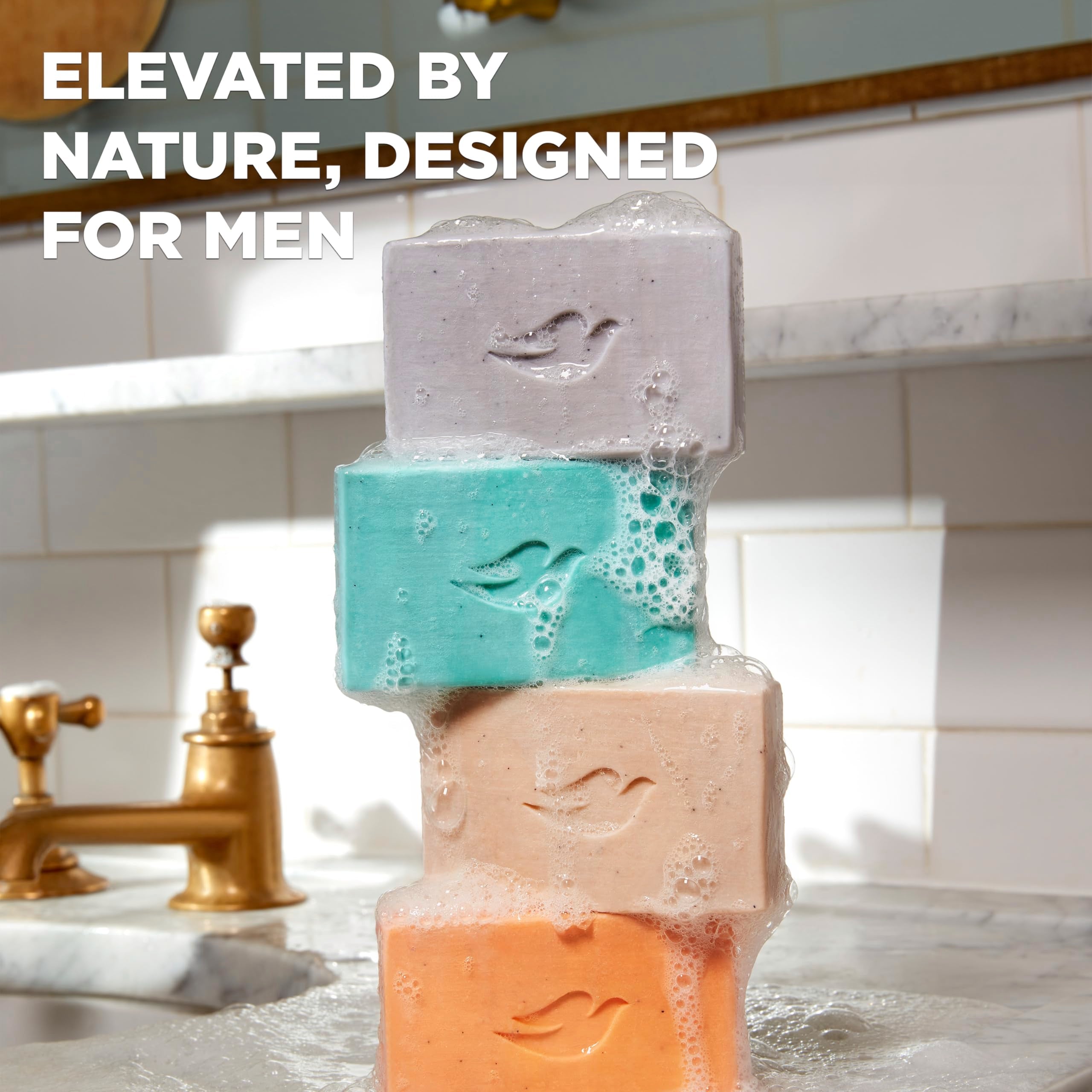 Dove Men+Care sandalwood-cardamom cleansing bar woody notes close-up suggests energizing shower.