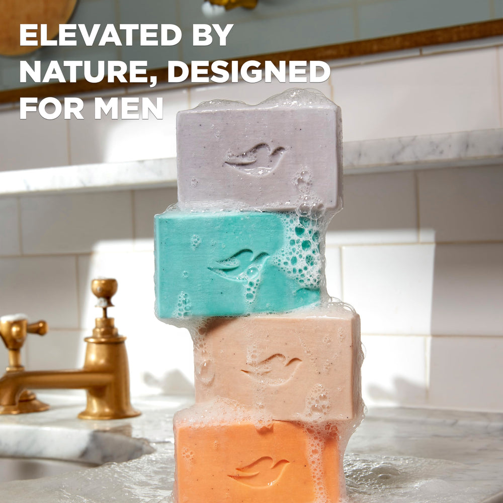 Dove Men+Care sandalwood-cardamom cleansing bar woody notes close-up suggests energizing shower.