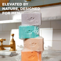 Dove Men+Care sandalwood-cardamom cleansing bar woody notes close-up suggests energizing shower.