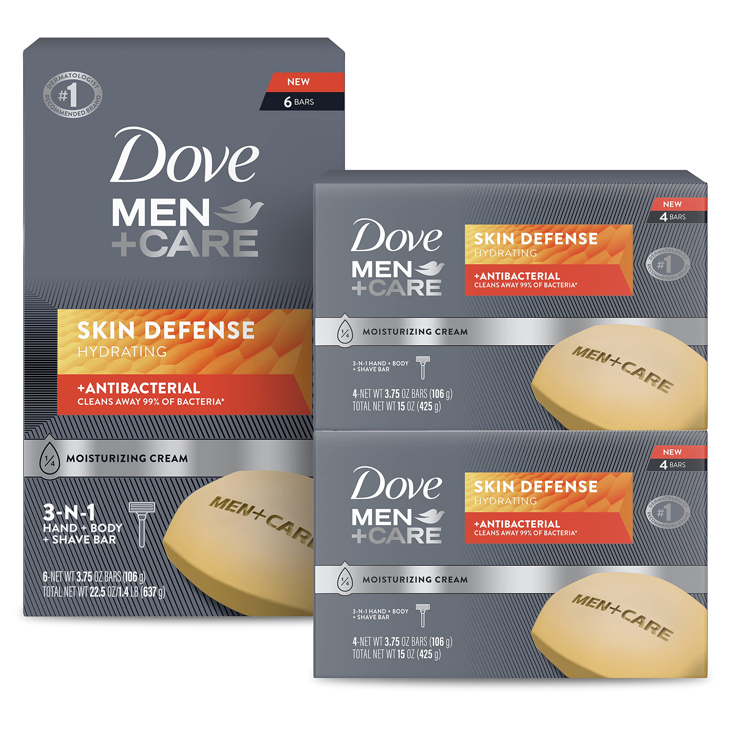 DOVE MEN+CARE Skin Defense bar pack shot showing 14 bars for daily use