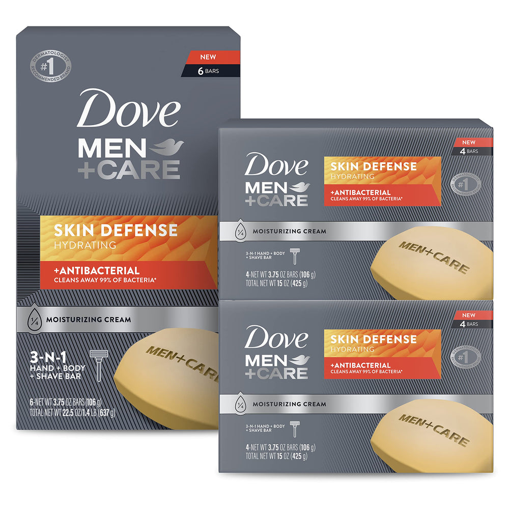 DOVE MEN+CARE Skin Defense bar pack shot showing 14 bars for daily use